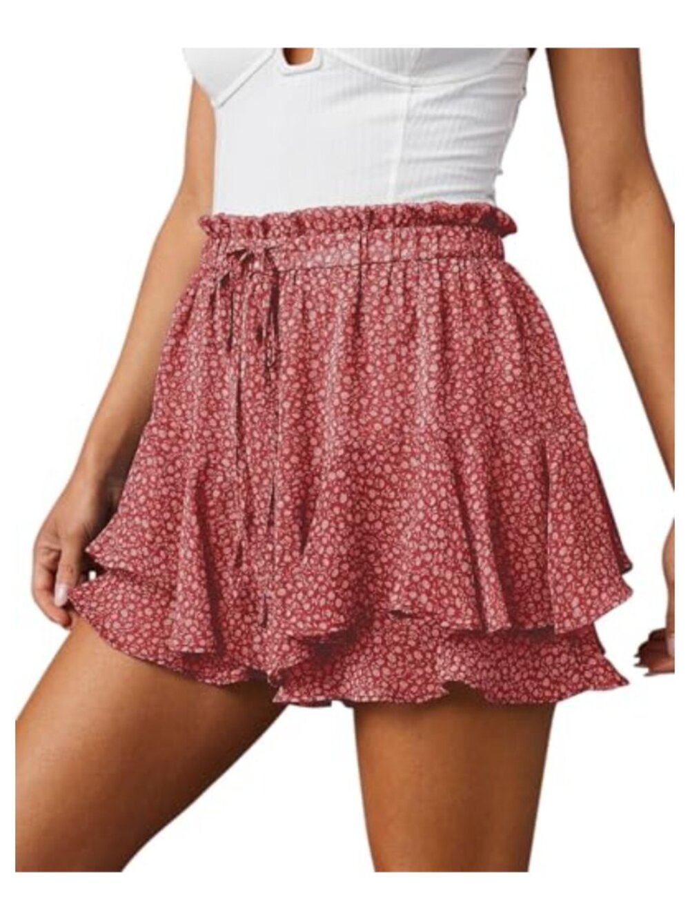 Boho Floral Ruffled Hem High Waisted Skort with Drawstring